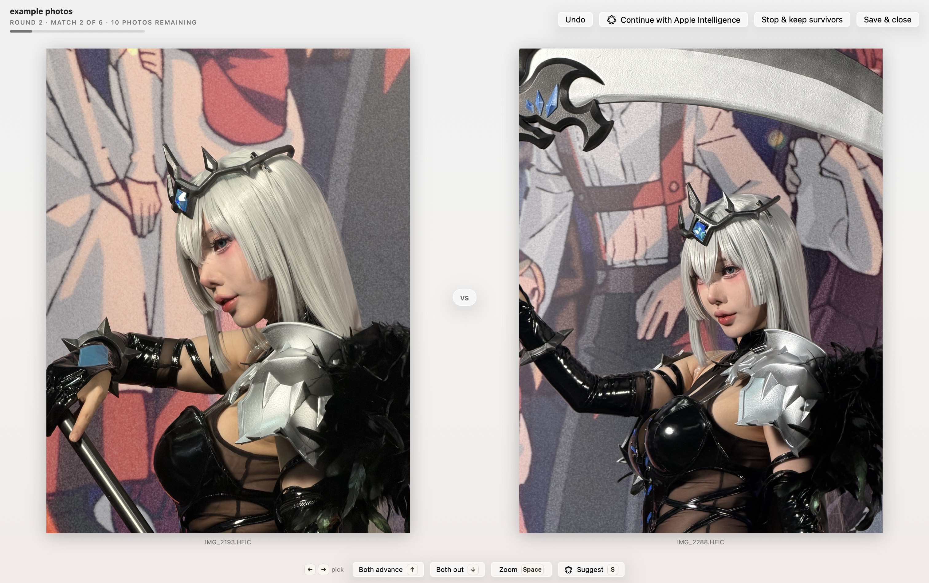 The match screen: two photographs side by side on a neutral light table, with round and match counters above and keyboard hints below.