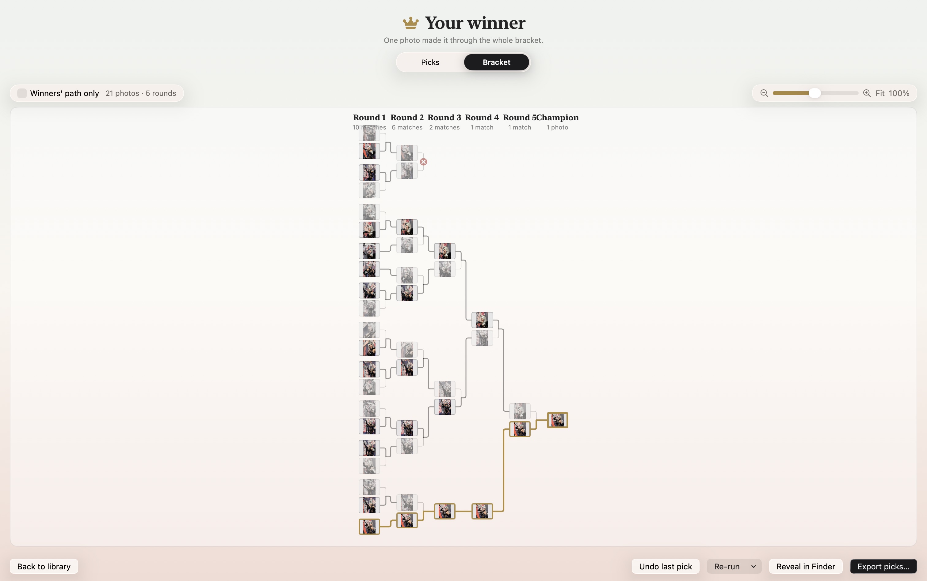 The bracket tree: rounds as columns, each photo a node, the winner’s path drawn in gold to a crowned photo at the right.